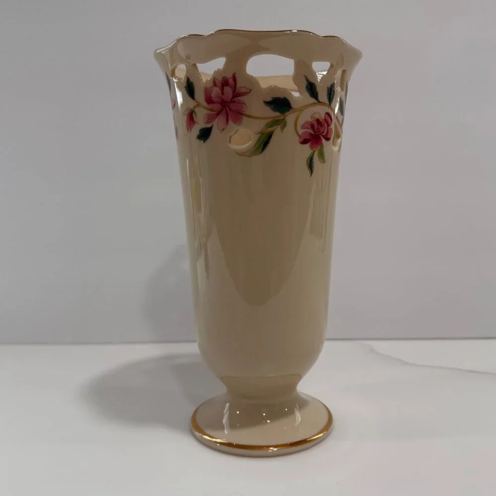 Vintage USA Lenox Barrington Pierced Footed Vase Porcelain Floral Gold‎ Trim